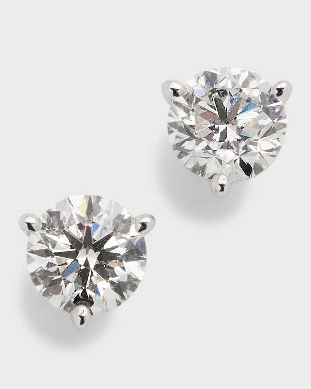 18K White Gold 3-Prong Round Diamond Martini Stud Earrings, 1.5tcw, 0.220"L / 0.23W